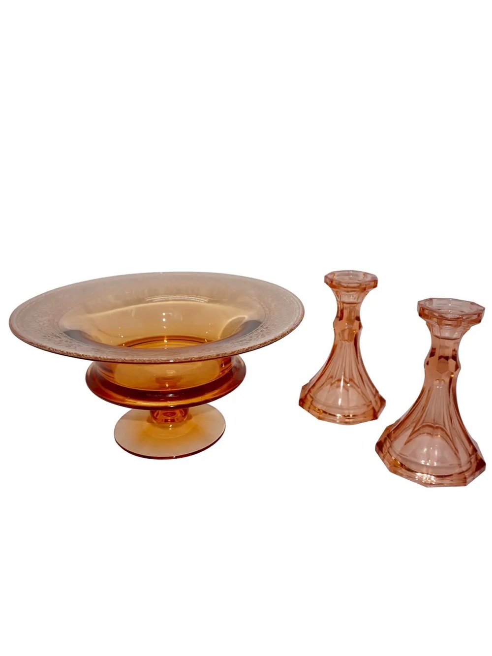 Depression Era Pink Elegant Glass Set: Etched Footed Console Bowl & Candlesticks